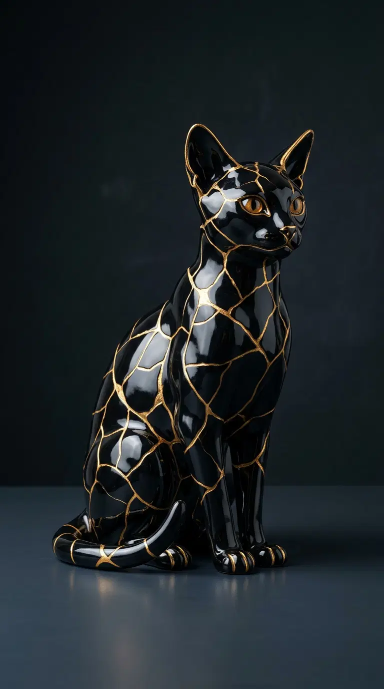 Elegant Black Cat Sculpture with Gold Detailing