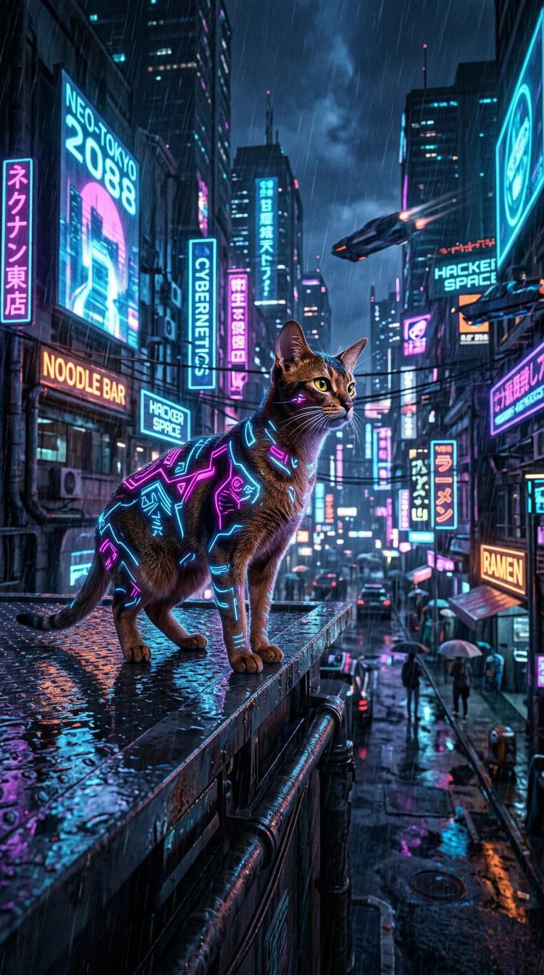 An Abyssinian cat with glowing markings stands on a rooftop in a rainy, neon-lit city.