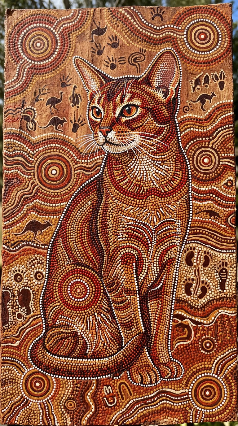 A stylized depiction of an Abyssinian cat with a detailed background featuring indigenous patterns and symbols.