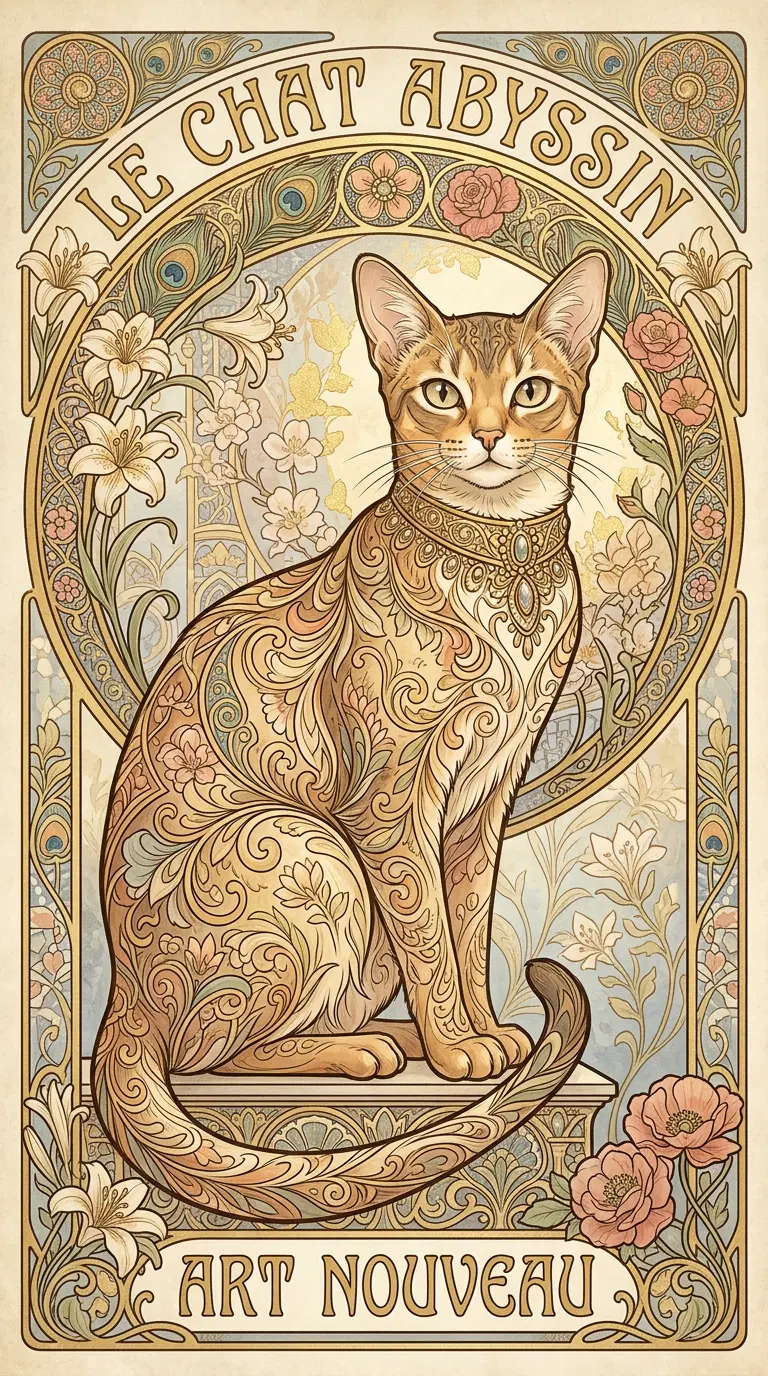 Art Nouveau Illustration Featuring an Abyssinian Cat Design