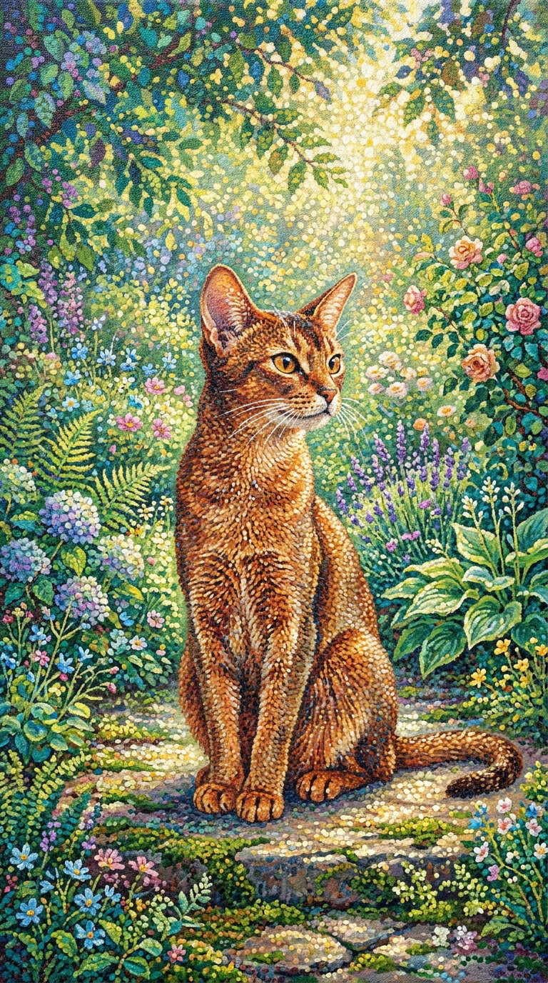 A detailed painting of an Abyssinian cat sitting in a vibrant garden filled with flowers and greenery.