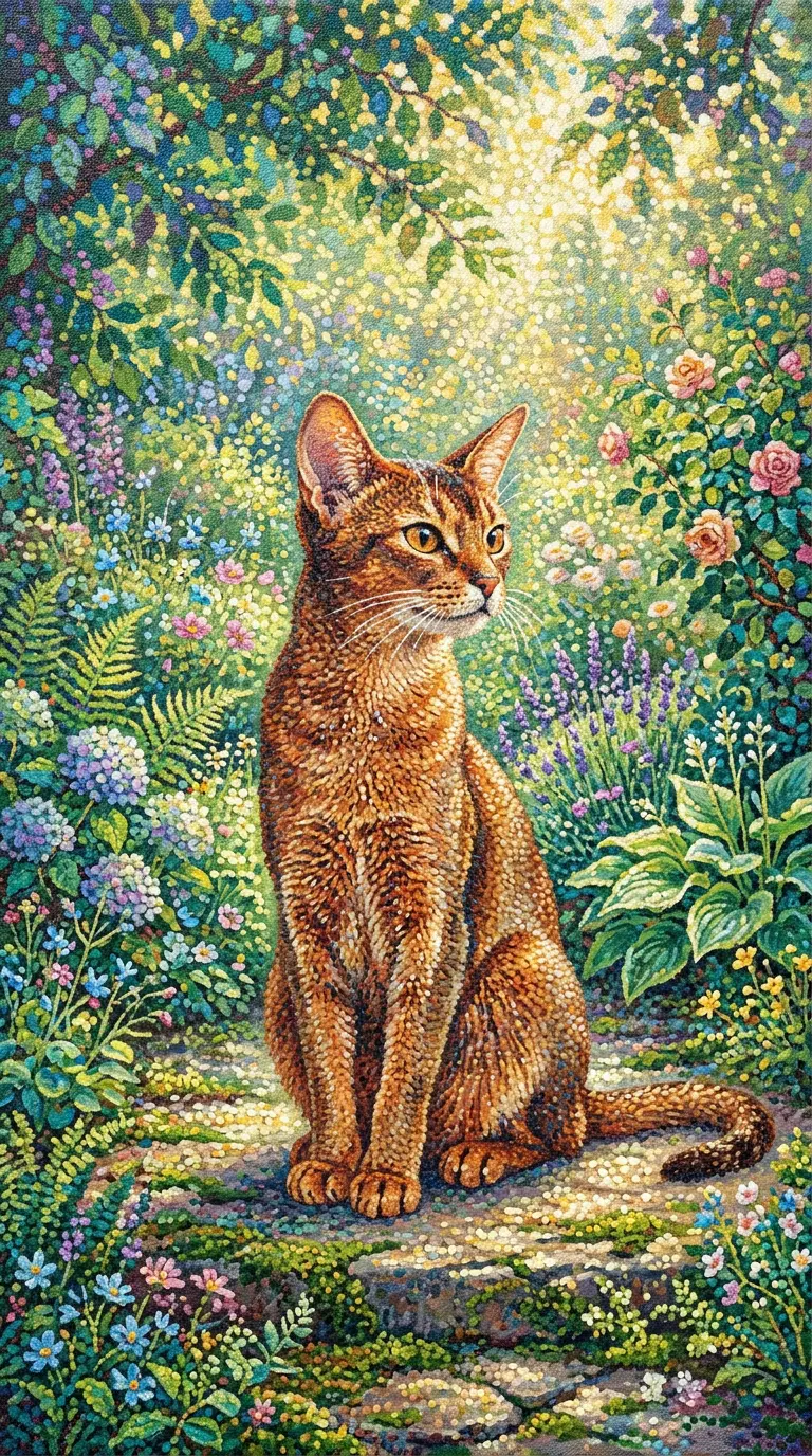 A Beautiful Abyssinian Cat Surrounded by Lush Garden Flora