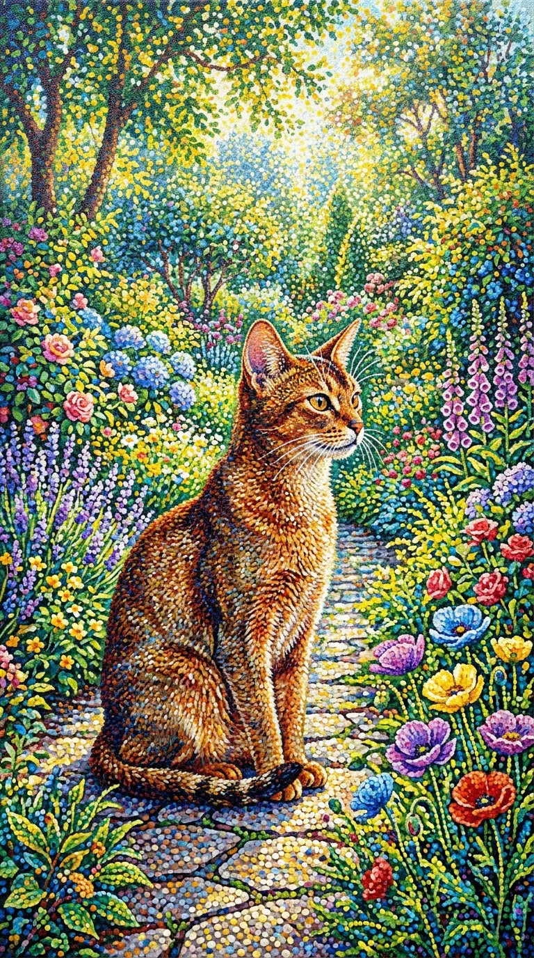 A detailed illustration of an Abyssinian cat in a vibrant garden