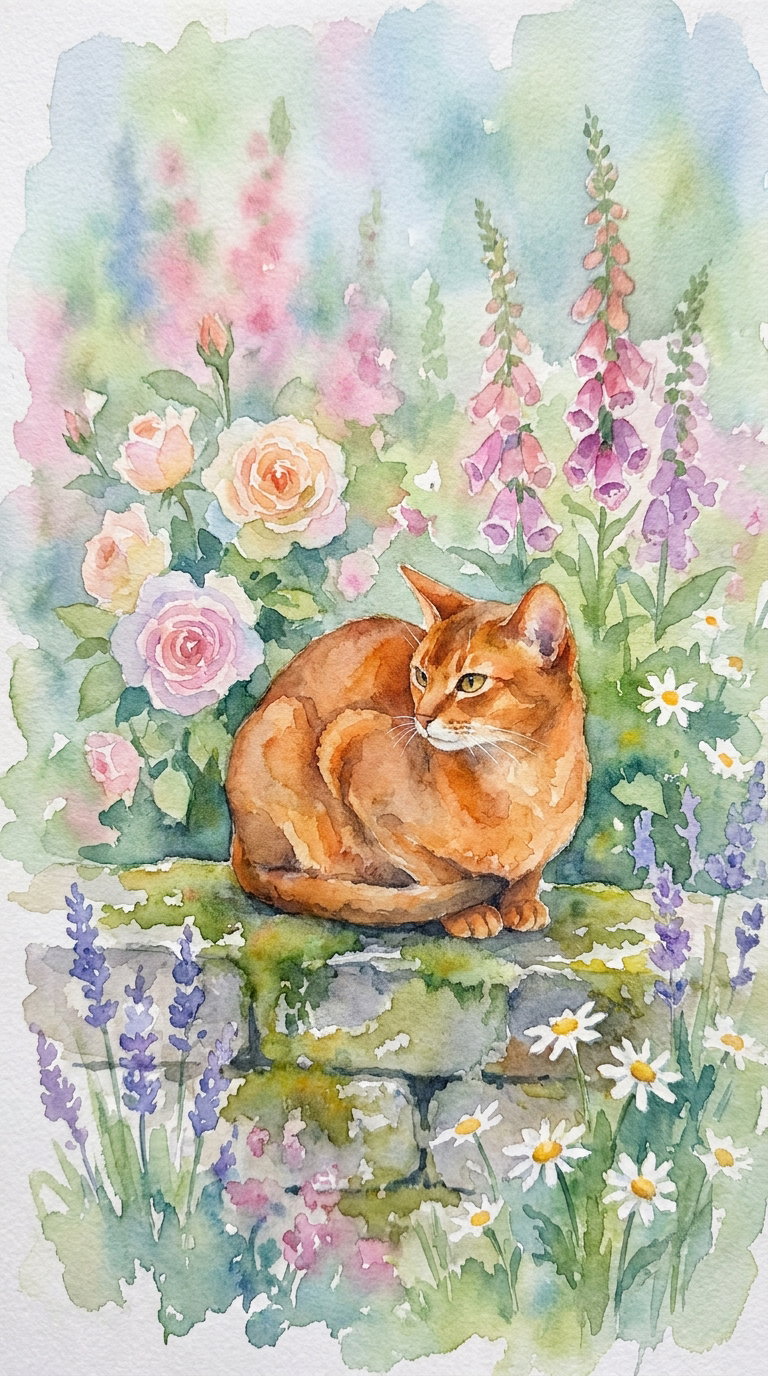 A brown cat curled up on a stone, surrounded by flowers and greenery