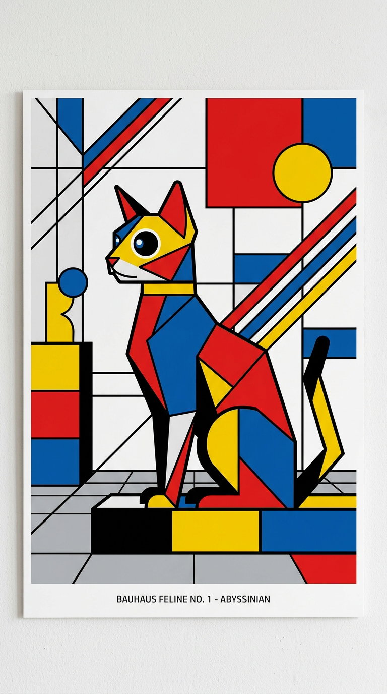 A colorful geometric representation of an Abyssinian cat, featuring bold shapes and bright colors, with abstract elements in the background.