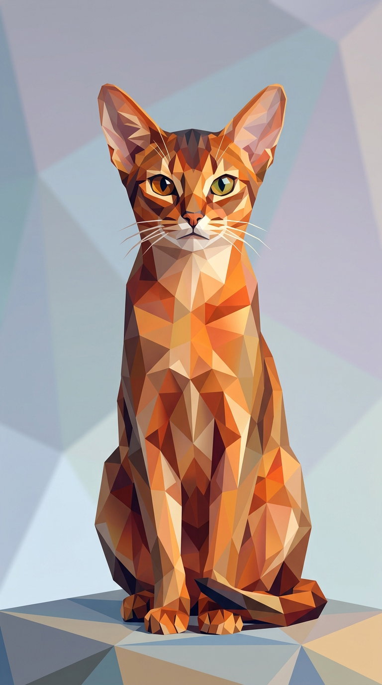 A geometric, low-poly illustration of an Abyssinian cat sitting upright