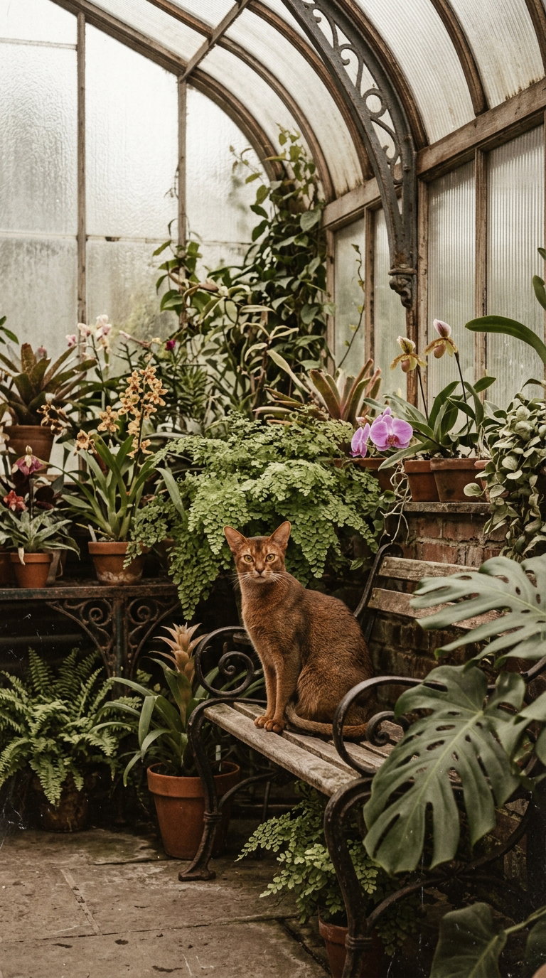 An Abyssinian cat sitting on a bench surrounded by various plants and orchids in a greenhouse.