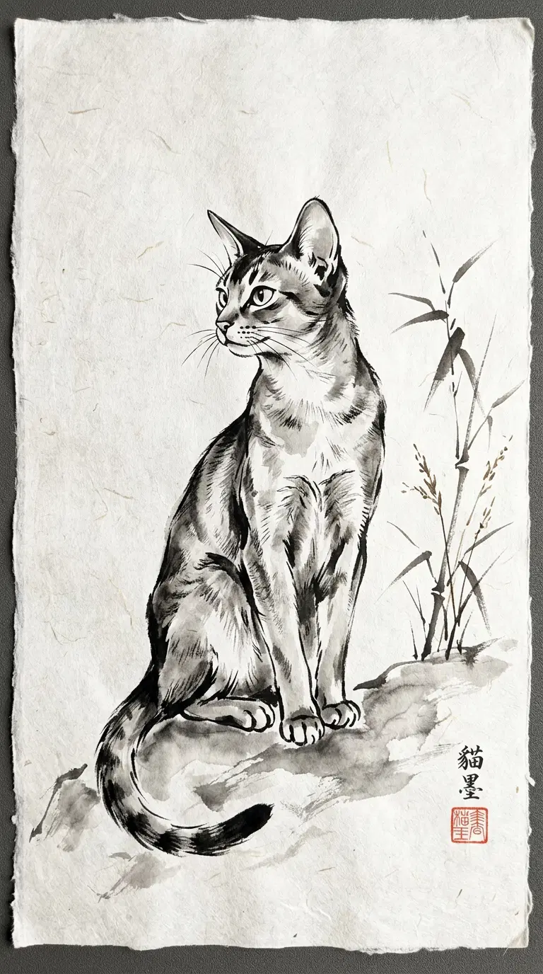 A Detailed Artistic Depiction of an Abyssinian Cat in Ink