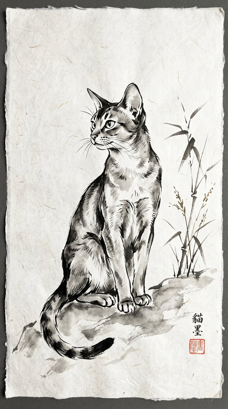 An artistic ink drawing of a sitting Abyssinian cat with bamboo