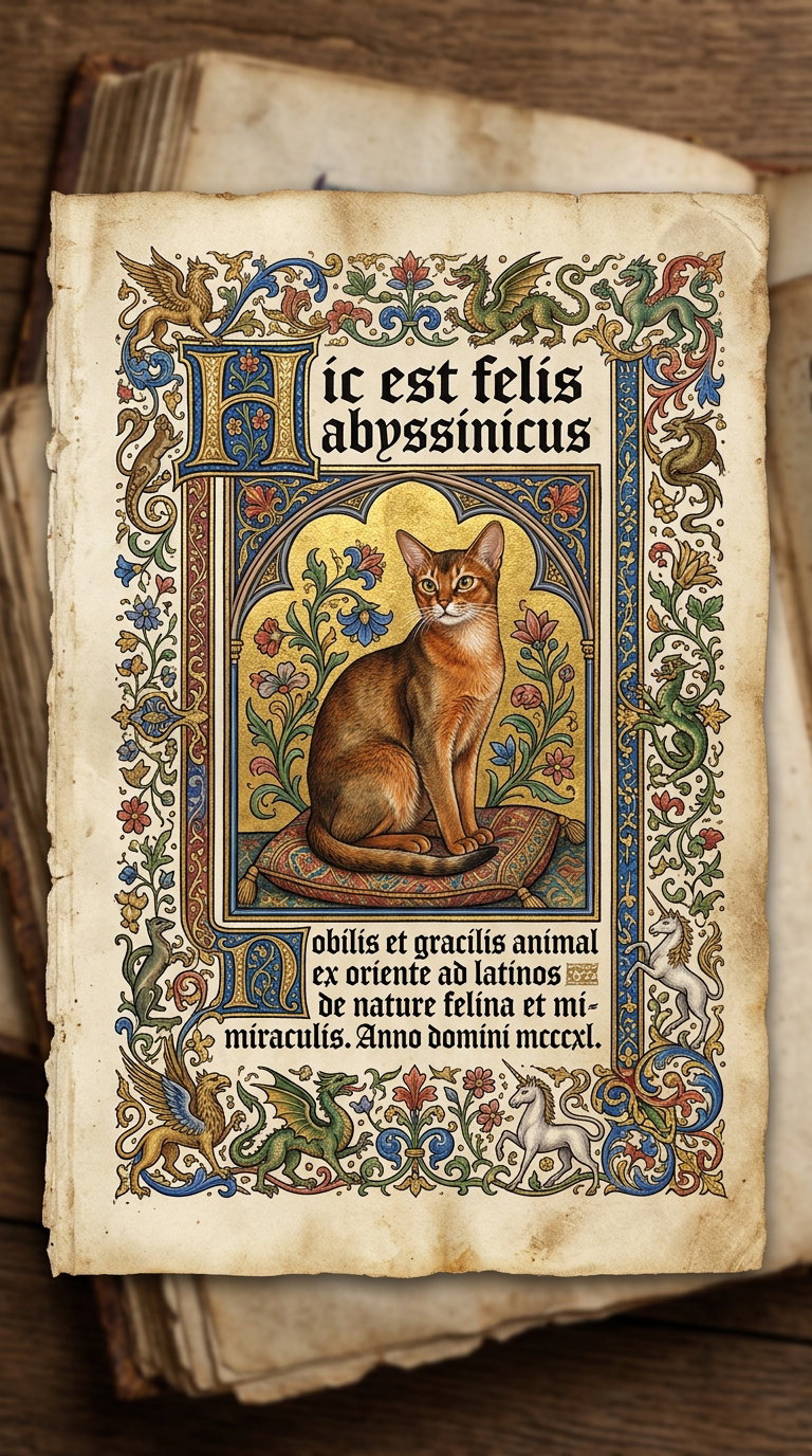 An illustrated page featuring an Abyssinian cat, decorated with intricate patterns and vibrant colors.