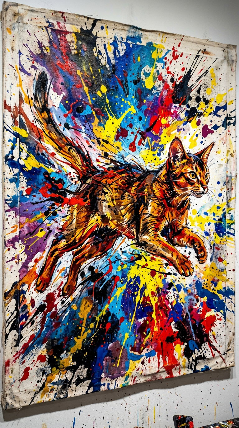 An Abyssinian cat leaps through a colorful splatter of paint
