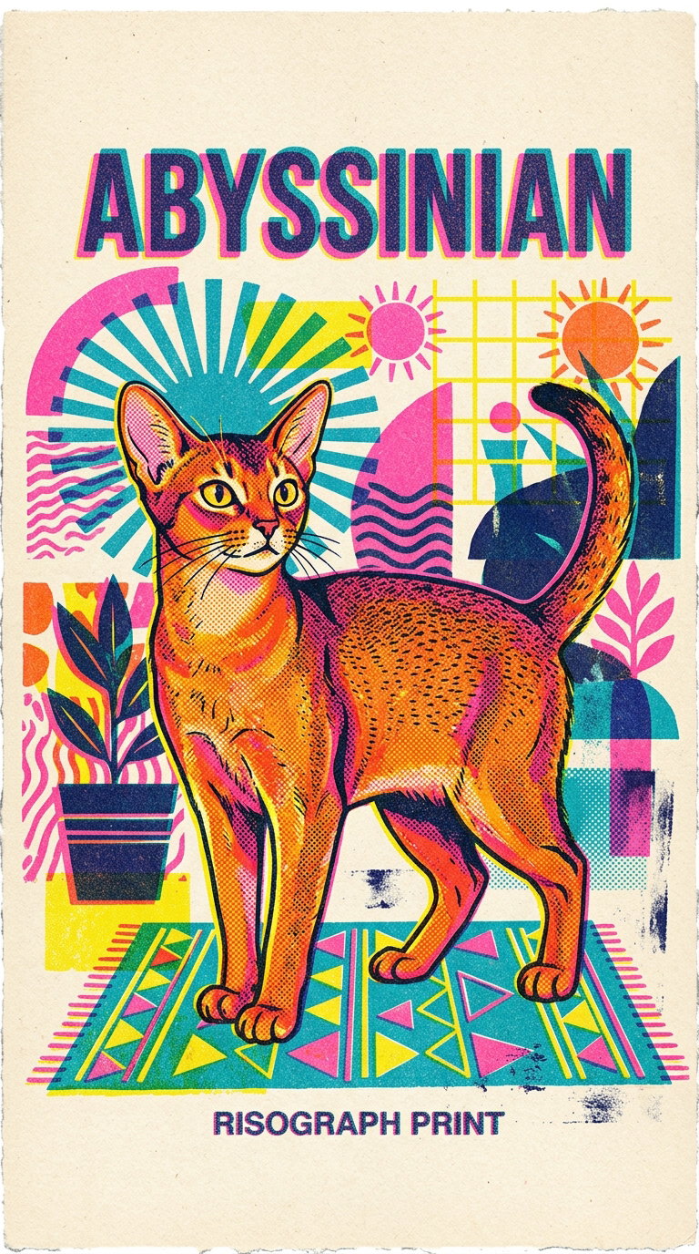 A colorful illustration of an Abyssinian cat standing on a patterned rug, surrounded by plants and abstract shapes.
