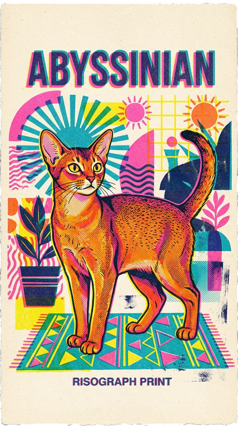Vibrant Illustration of an Abyssinian Cat in a Playful Setting