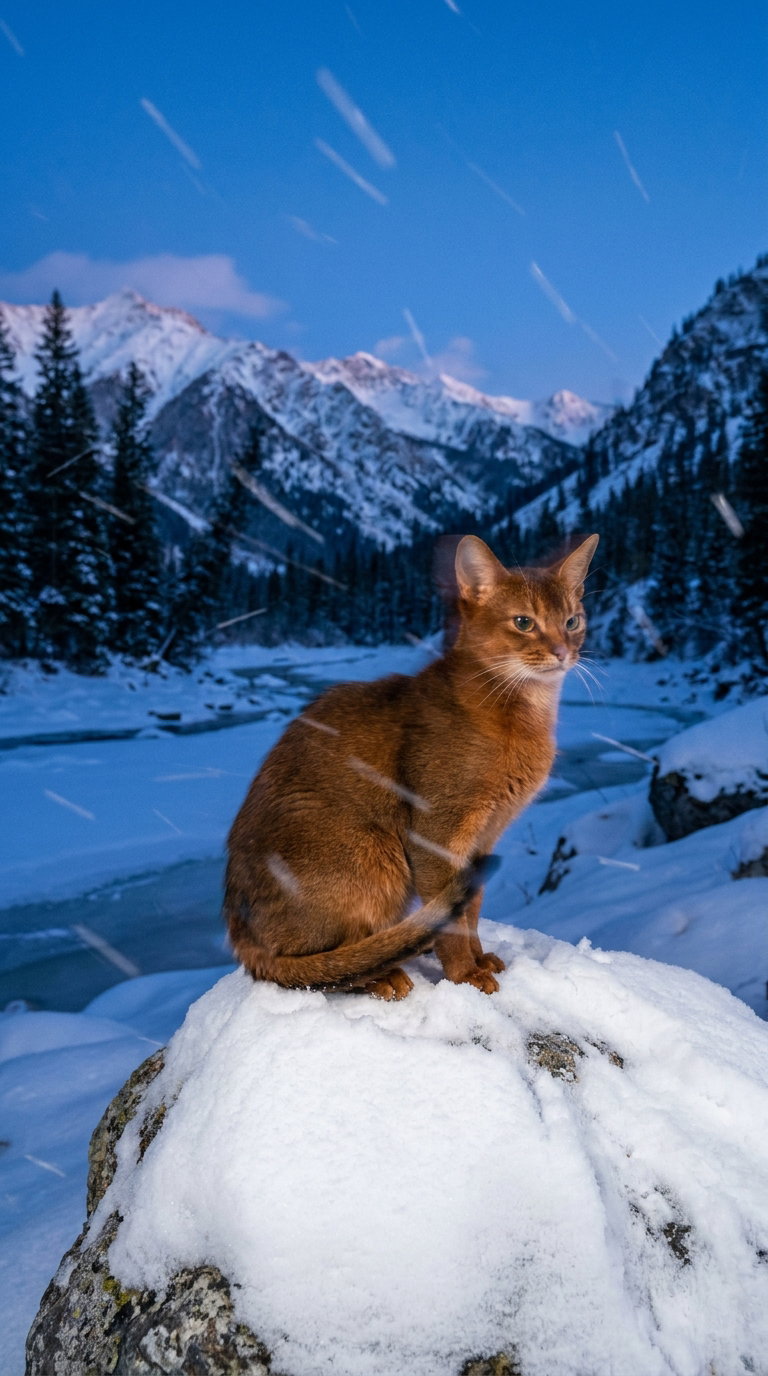 A brown Abyssinian cat sitting on a snow-covered rock amidst a winter landscape with mountains and trees.