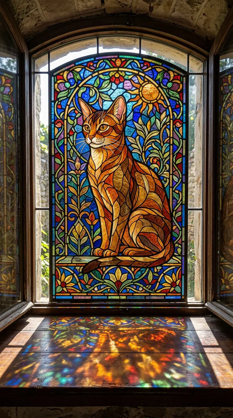 Stained Glass Depiction of an Abyssinian Cat by a Window