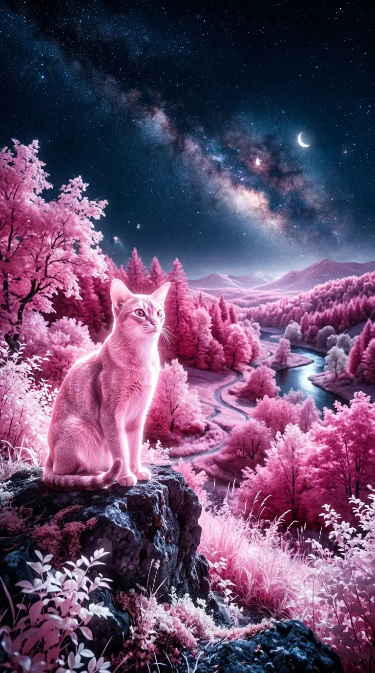 A stunning Abyssinian cat perched in a surreal pink landscape