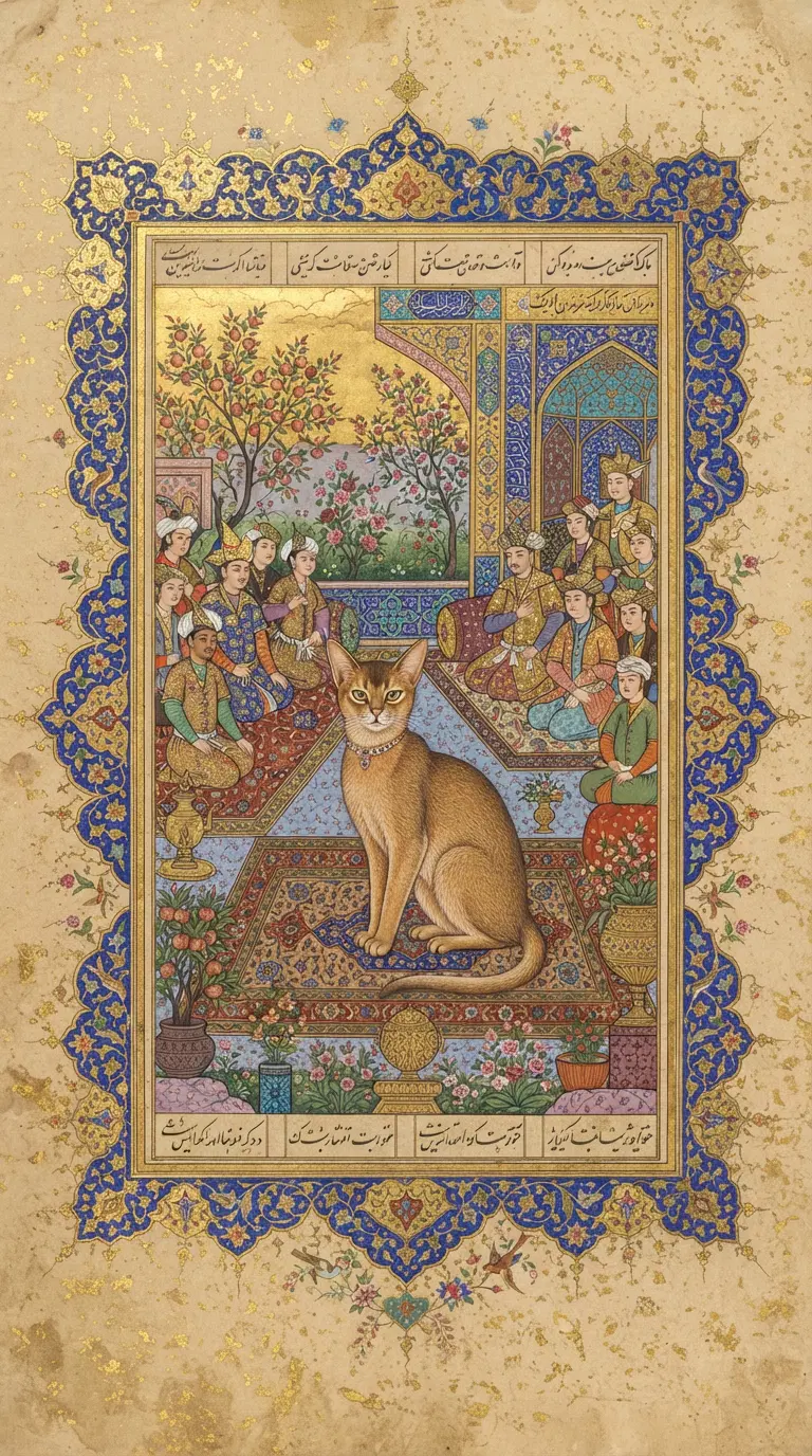 An Intricate Painting Featuring an Abyssinian Cat Among People