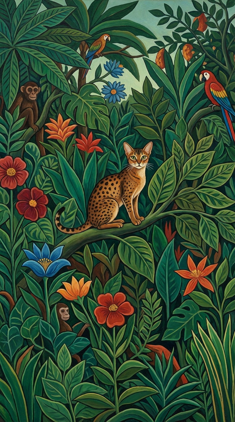 A stylized Abyssinian cat sitting on a branch amidst vibrant flowers and greenery.