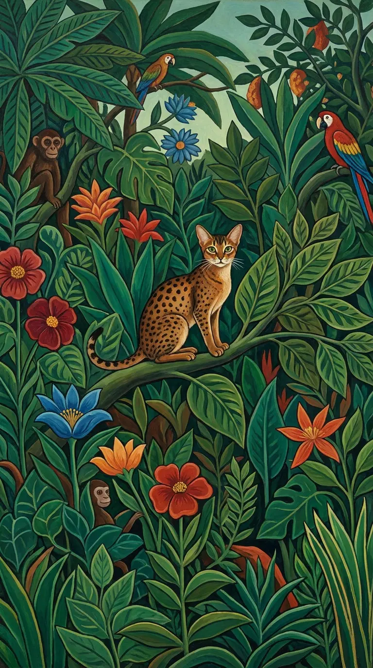 A Beautiful Abyssinian Cat Surrounded by Tropical Jungle Flora