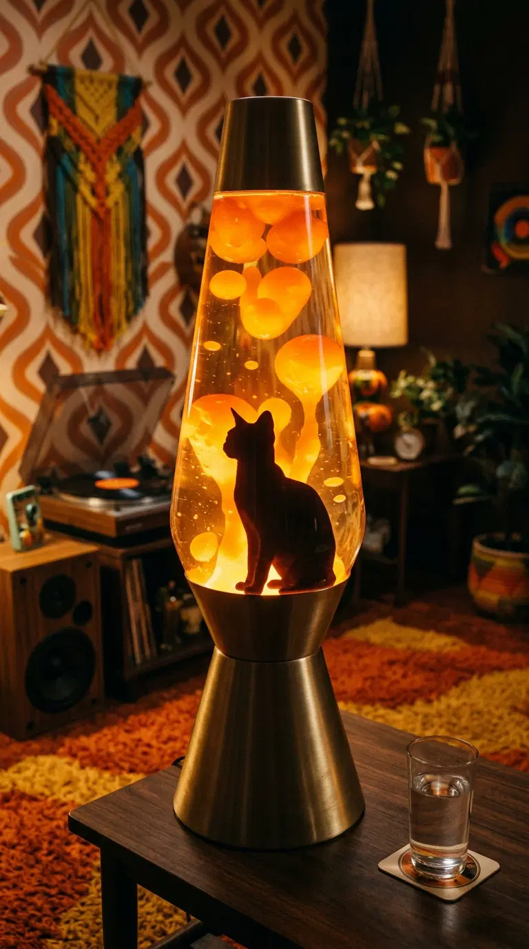 Lava Lamp with a Silhouette of a Cat in a Retro Living Room