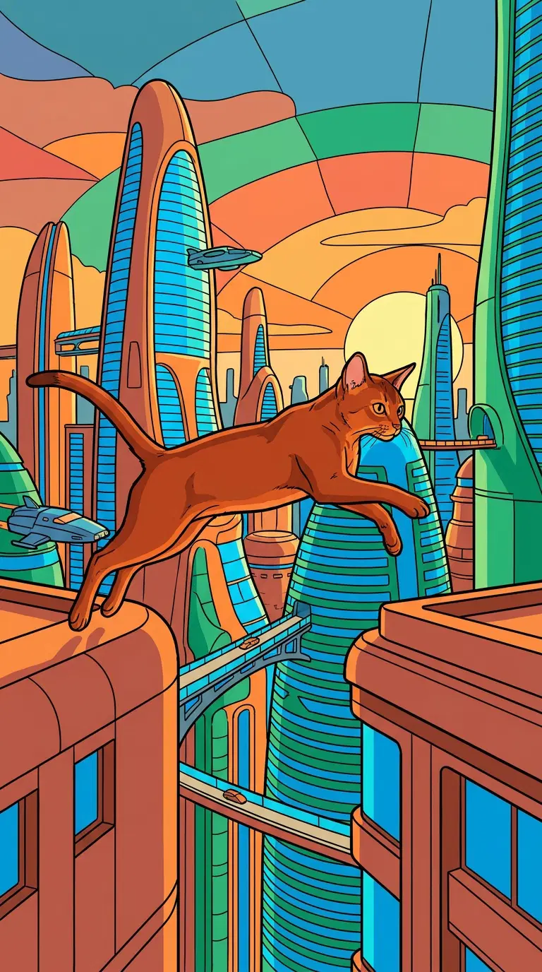 Abyssinian Cat Leaping in a Futuristic Cityscape at Sunset