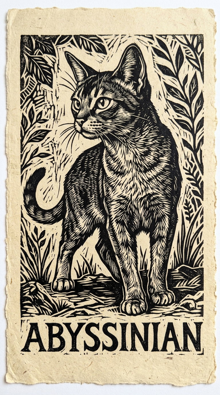 A woodcut-style illustration of an Abyssinian cat standing in a natural setting, surrounded by plants.