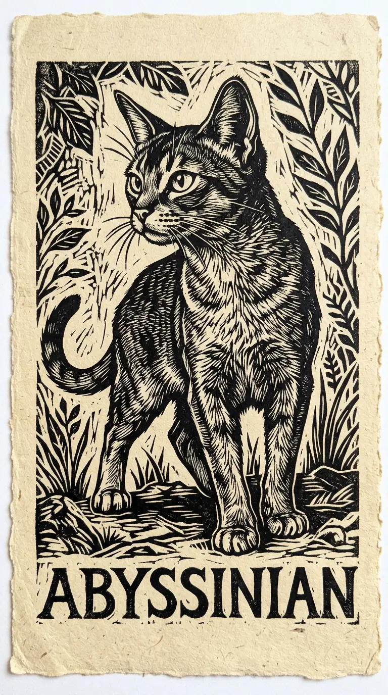Detailed Illustration of an Abyssinian Cat Surrounded by Foliage