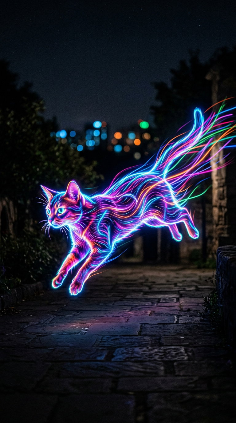 A neon-colored outline of a cat leaping through a dark outdoor scene