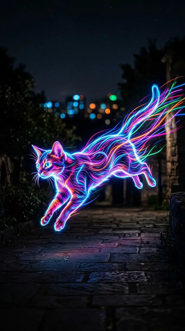 A colorful digital depiction of an Abyssinian cat leaping at night