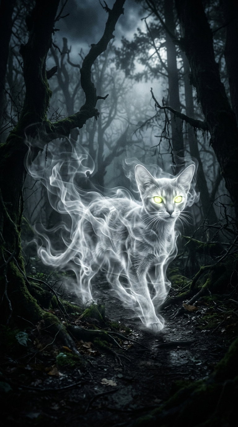 A ghostly cat with glowing eyes walking through a dark, foggy forest
