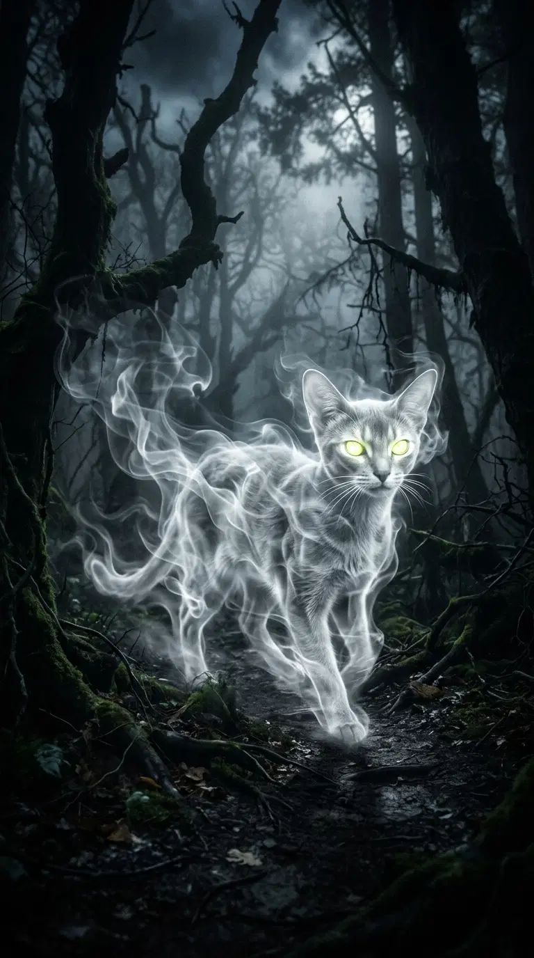 A hauntingly ethereal depiction of a glowing cat in a misty forest