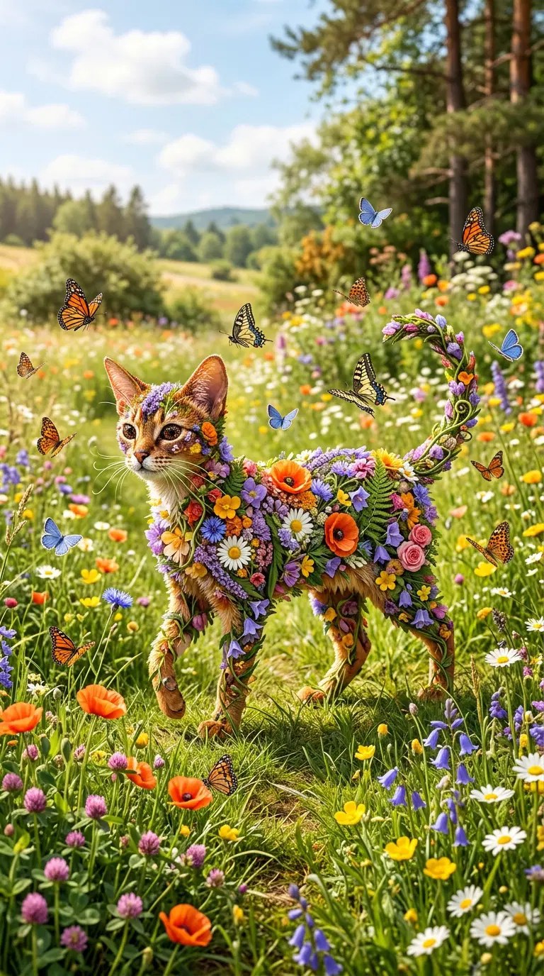 A Colorful Abyssinian Cat Amidst a Vibrant Flower Field