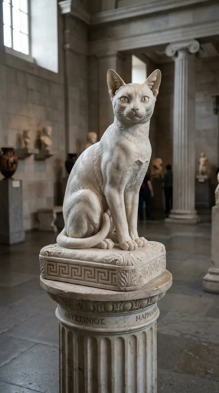 Marble Sculpture of an Abyssinian Cat in a Museum Setting