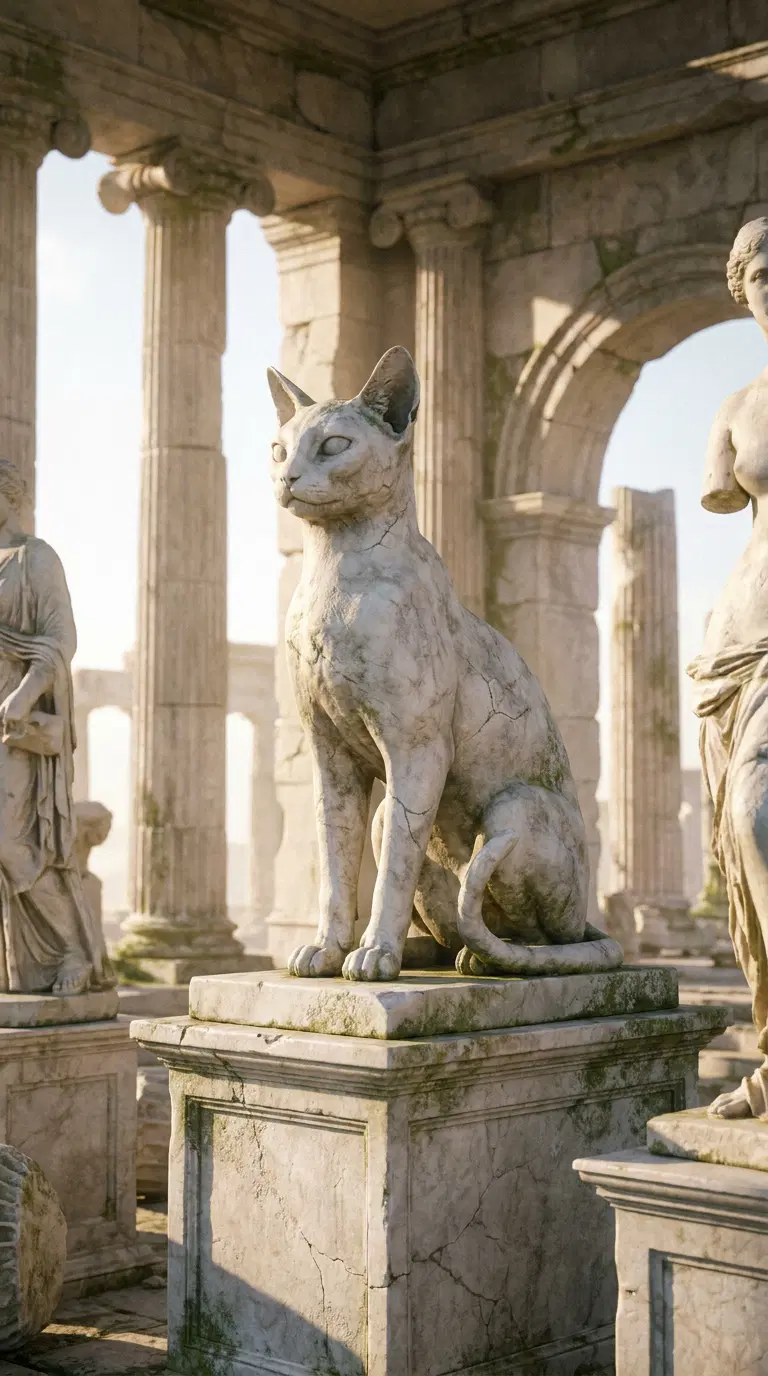 A detailed statue of a cat in a classical temple setting