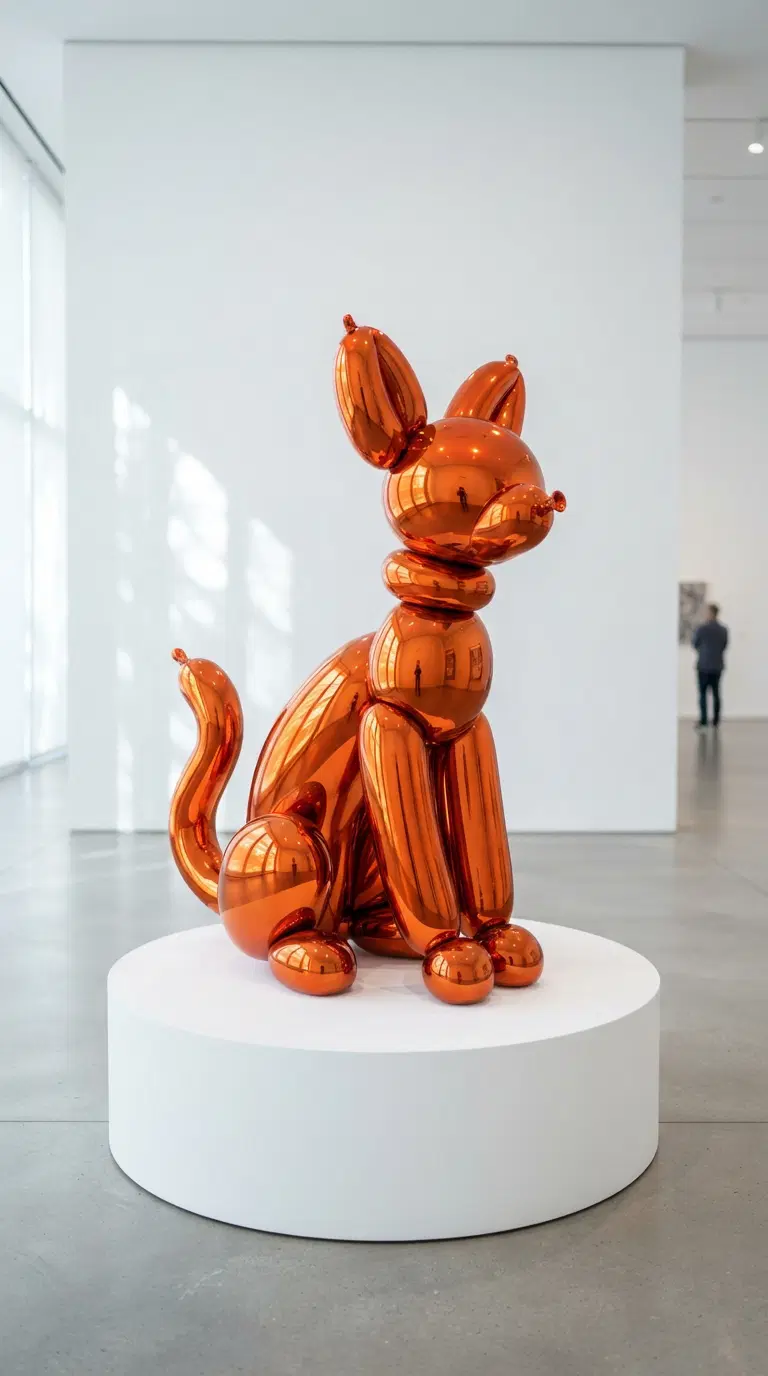 Shiny Orange Cat Sculpture in Modern Art Gallery Setting