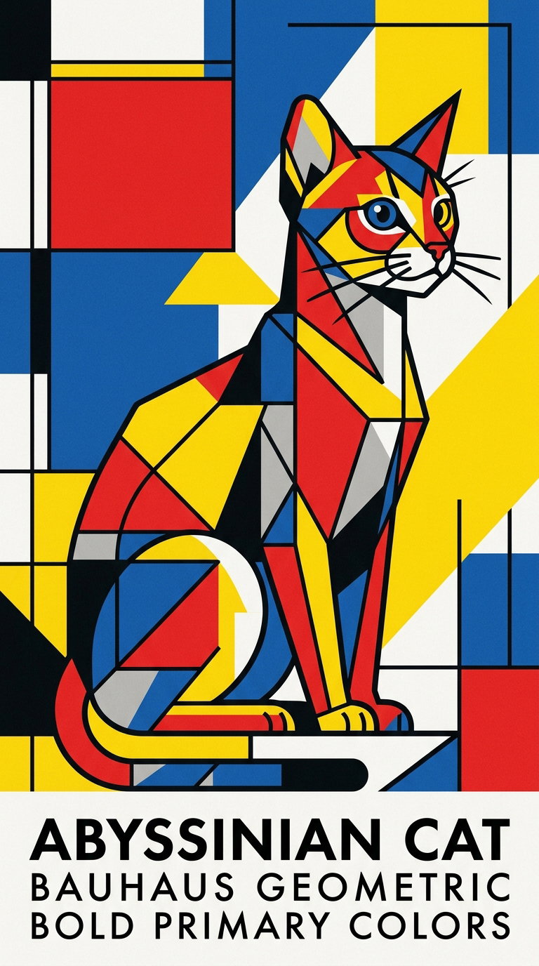 An abstract geometric art piece featuring a stylized Abyssinian cat in bold primary colors.