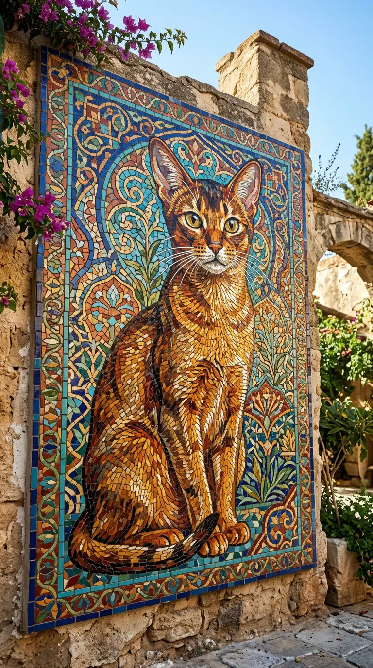 Vibrant Mosaic Art Depicting an Abyssinian Cat in Nature