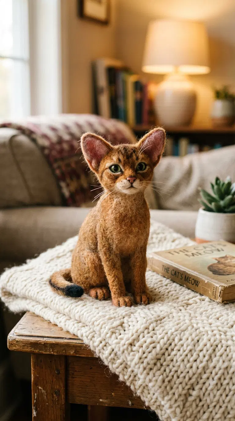 Lifelike Felted Abyssinian Cat Sitting on a Cozy Table