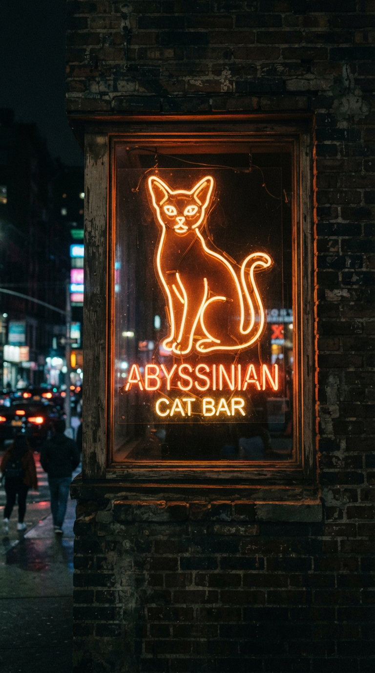 A neon sign featuring an Abyssinian cat with the text 'ABYSSINIAN CAT BAR' in a cityscape at night