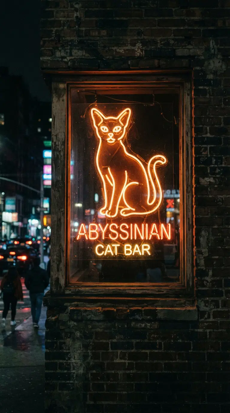 Neon Sign for Abyssinian Cat Bar Illuminates Urban Night Scene