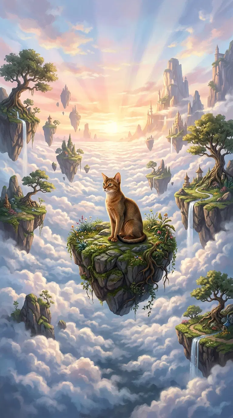 A Majestic Abyssinian Cat Sitting Amidst a Dreamy Landscape