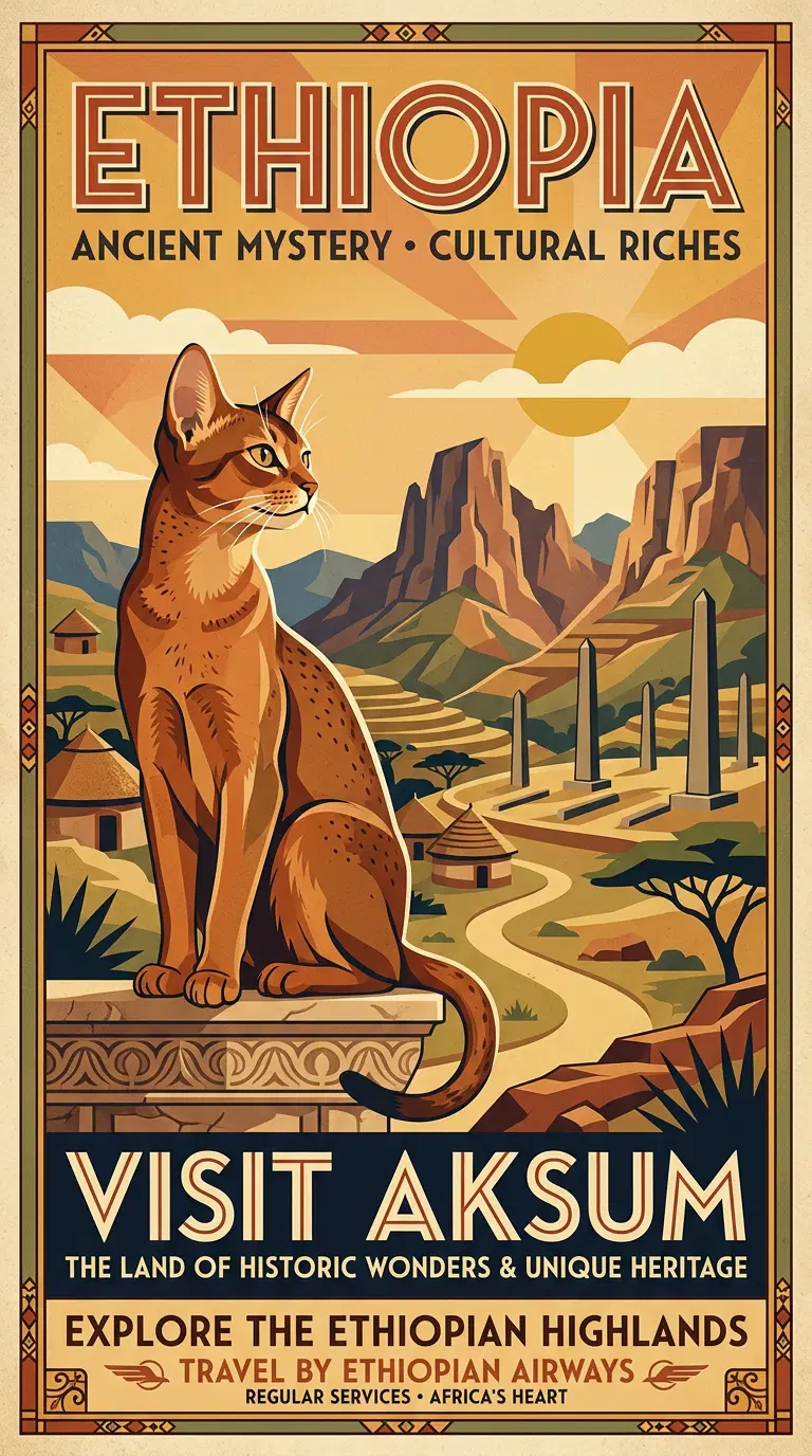 Ethiopian Travel Poster Featuring an Abyssinian Cat in Scenic Landscape