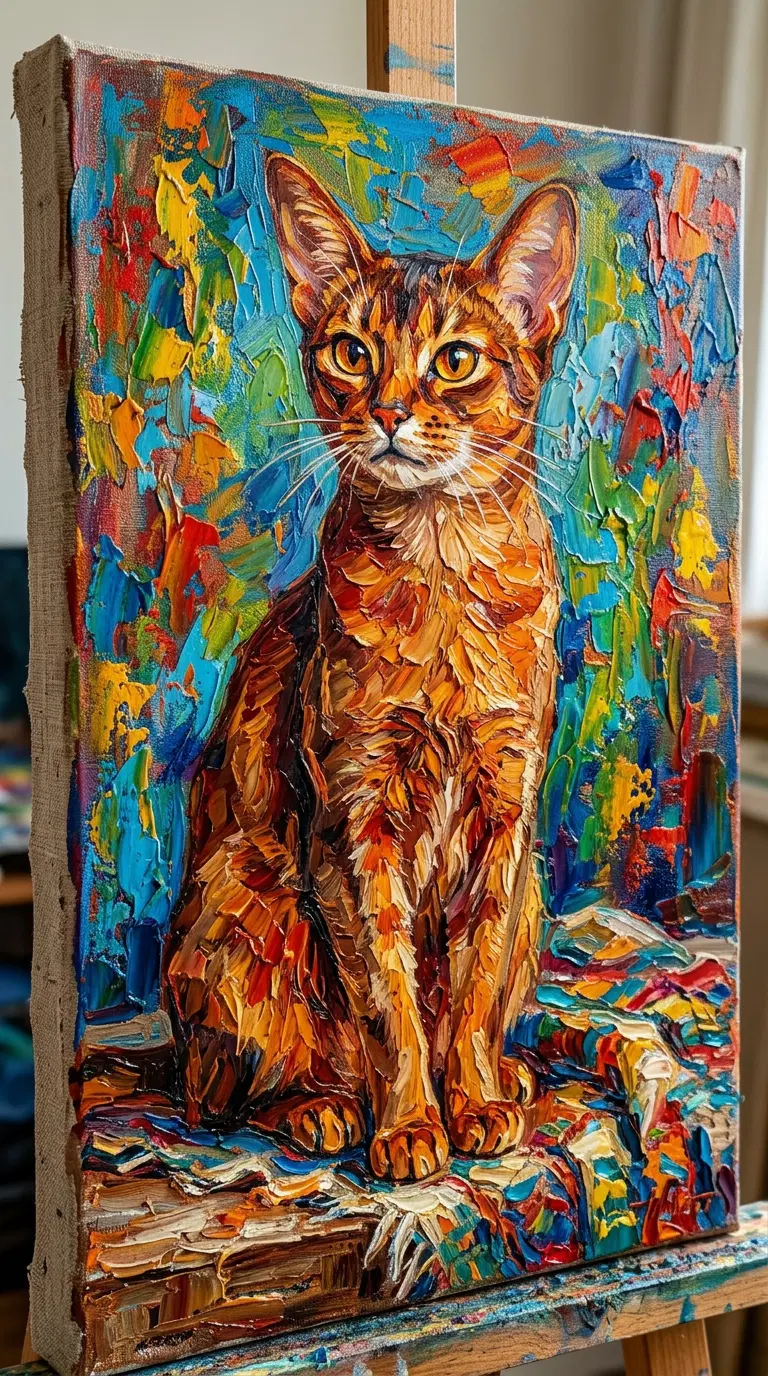 Vibrant Portrait of an Abyssinian Cat in Colorful Surroundings