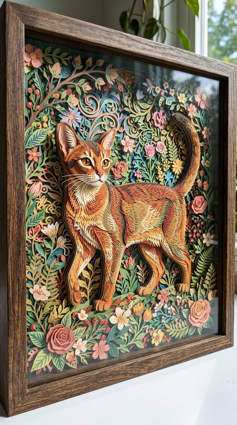 A detailed wooden relief of an Abyssinian cat amidst colorful flowers and leaves