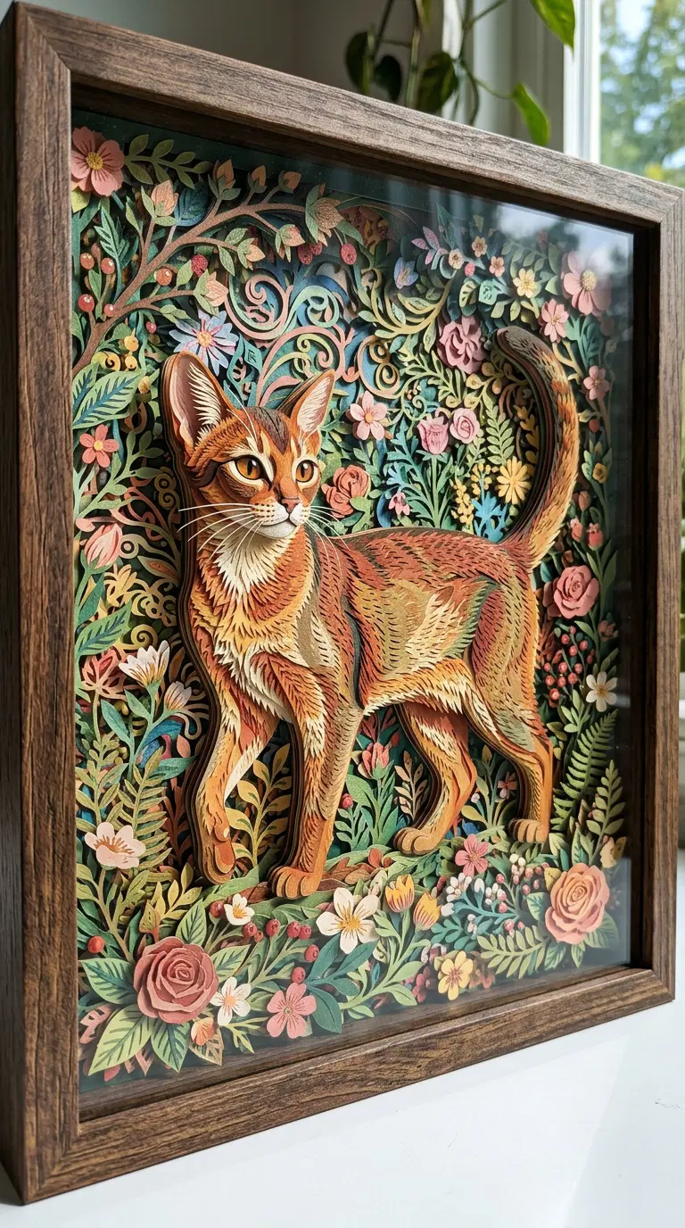 A vibrantly carved Abyssinian cat surrounded by floral designs