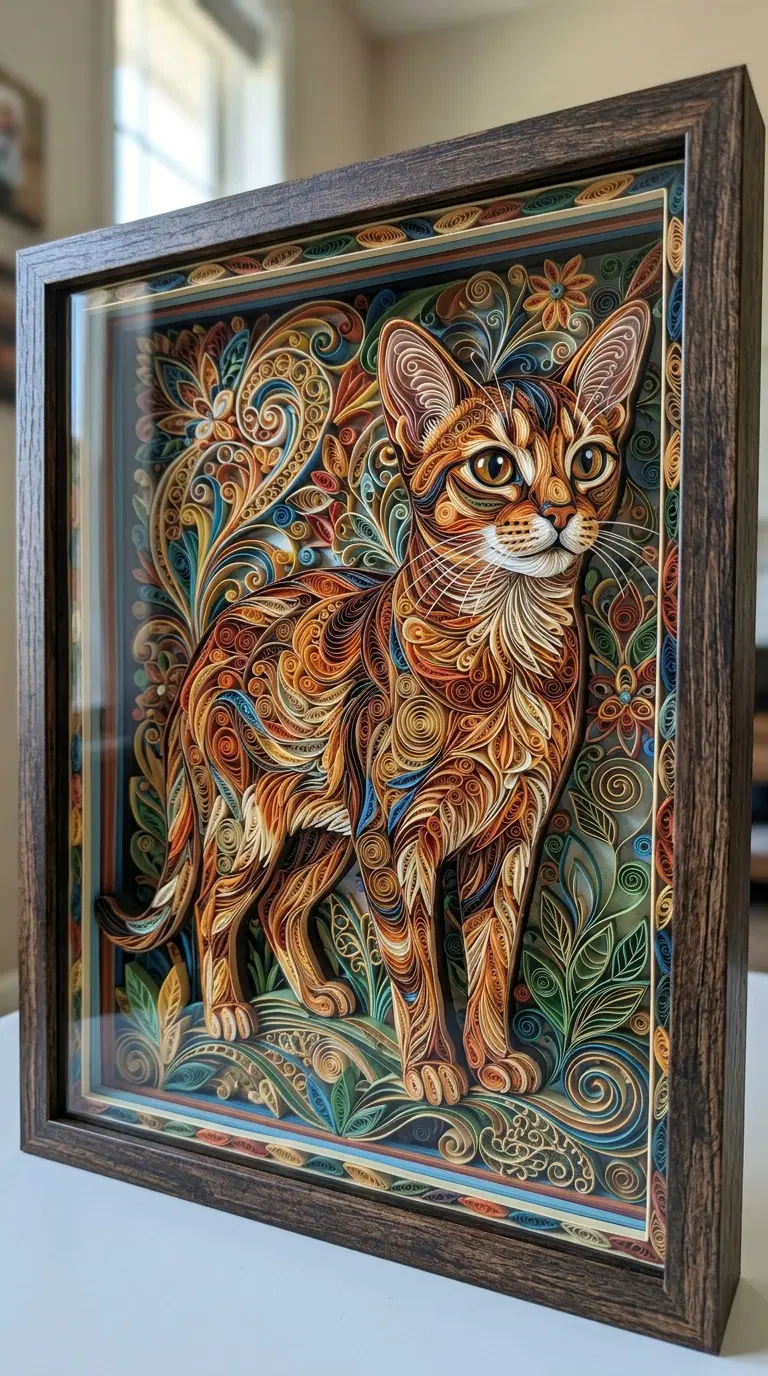 Intricate Quilling Art of an Abyssinian Cat Surrounded by Nature