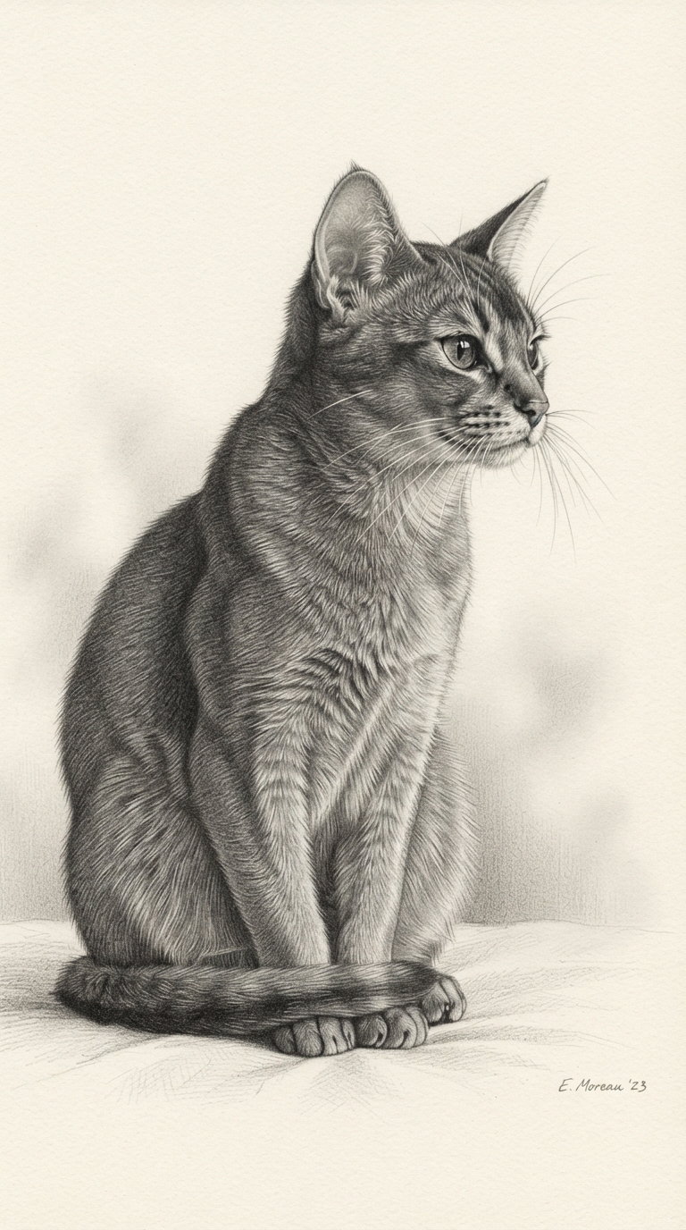A realistic pencil sketch of an Abyssinian cat sitting gracefully in profile.