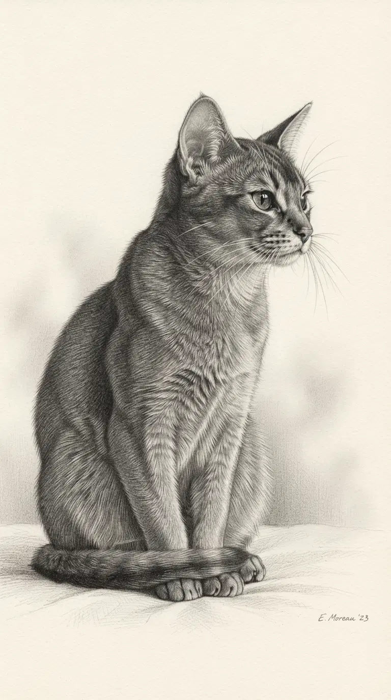 Detailed pencil drawing of an Abyssinian cat in profile view