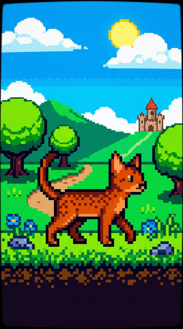 A pixel art depiction of an Abyssinian cat walking in a vibrant landscape with trees and a castle in the background