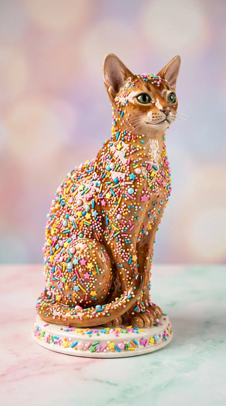 Colorful Sprinkled Cat Sculpture Inspired by Abyssinian Cats